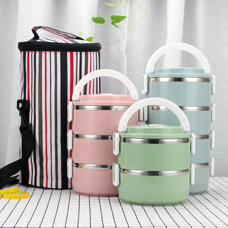 Korean style 304 stainless steel lunch box Multi-layer insulation portable rice bucket round lunch box Children's student three-layer lunch box