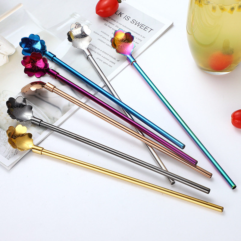 New thickened 304 stainless steel cherry straw spoon One-piece juice soymilk straw net red long coffee mixing spoon