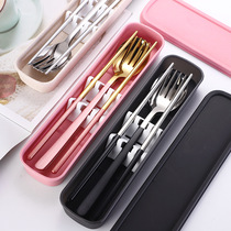 Thickened 304 stainless steel cutlery Net red non-slip chopsticks Korean portable fork spoon chopsticks 3-piece set of bright rice spoon students