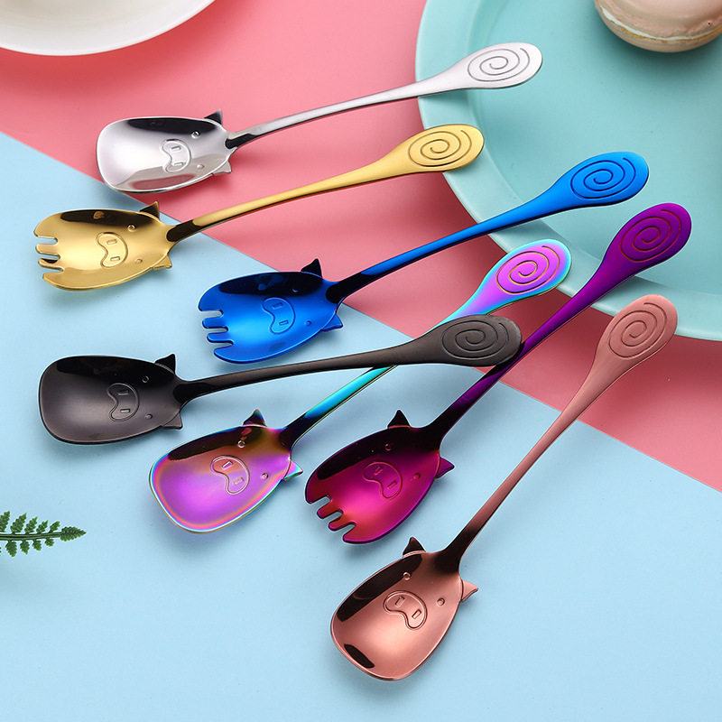 Cute pig one-piece fork spoon Creative 304 stainless steel spoon Net red coffee mixing spoon Household dessert fork spoon