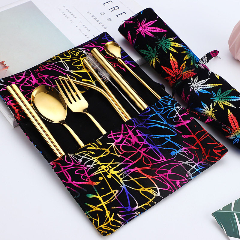Colorful 304 stainless steel fork spoon chopsticks set Creative portable Western tableware Creative straw spoon fork chopsticks nine-piece set