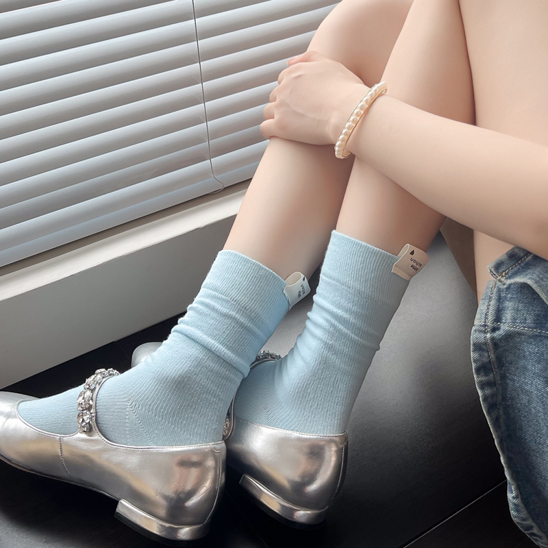 Korean ins Light Blue Girl's Slouch Socks, Spring and Autumn Style, Gray Mid-Calf Socks, Vertical Stripes, Jk White Cotton Short Socks Korean ins Light Blue Girl's Slouch Socks, Spring and Autumn Style, Gray Mid-Calf Socks, Vertical Stripes, Jk White Cotton Short Socks