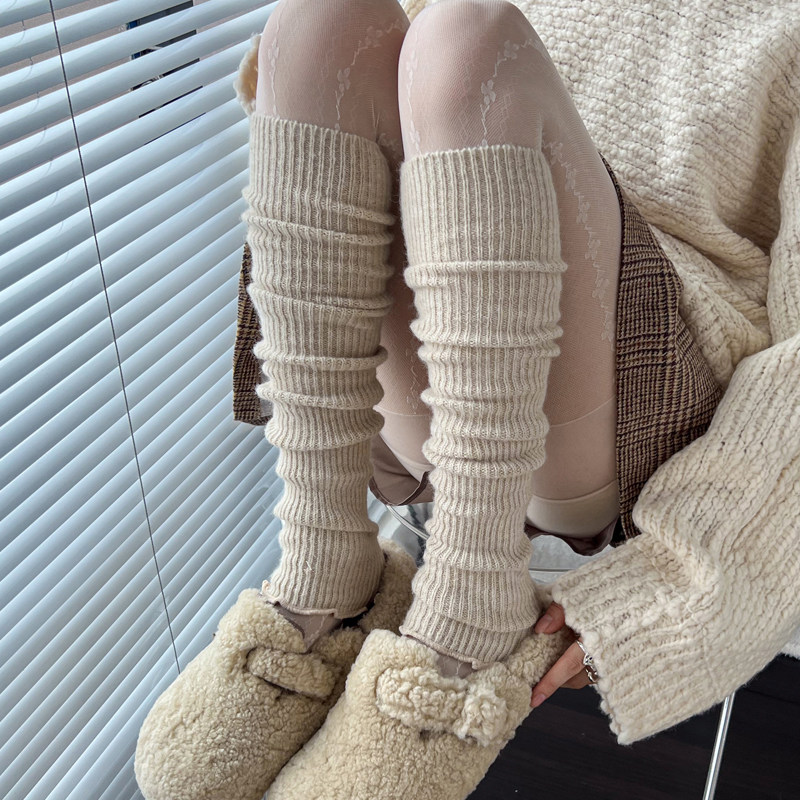 Autumn Winter Oat Color Leg Set Thickened Warm Wool Coffee Color Heaps Pile Socks Grey Calf Socks Rice White Socks woman-Taobao