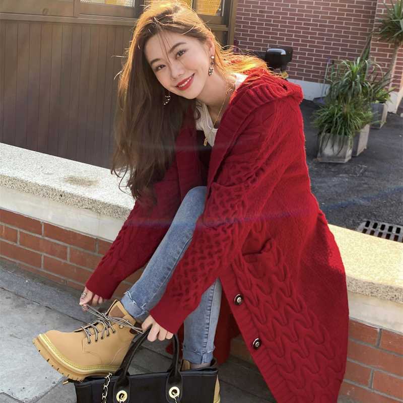 Hooded Sweater Jacket for Women, Mid-Length, Lazy Knit Cardigan, Spring, Autumn and Winter, New Red Sweater for the Year of Birth Hooded Sweater Jacket for Women, Mid-Length, Lazy Knit Cardigan, Spring, Autumn and Winter, New Red Sweater for the Year of Birth