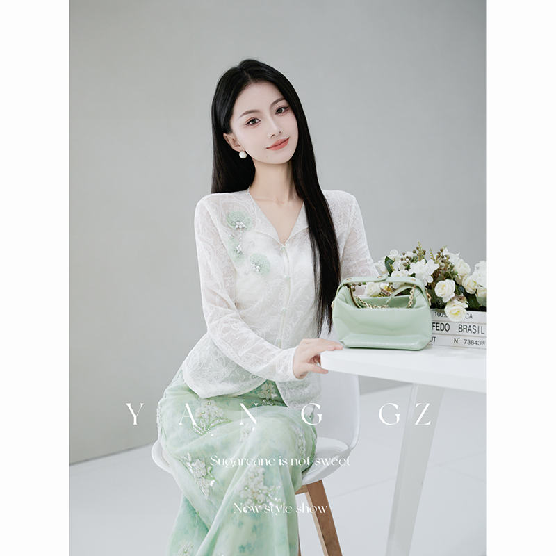 Yang Gz【Green Mist White Peach】New Chinese Style Mint Green Design Shirt Top and Skirt Set for Women