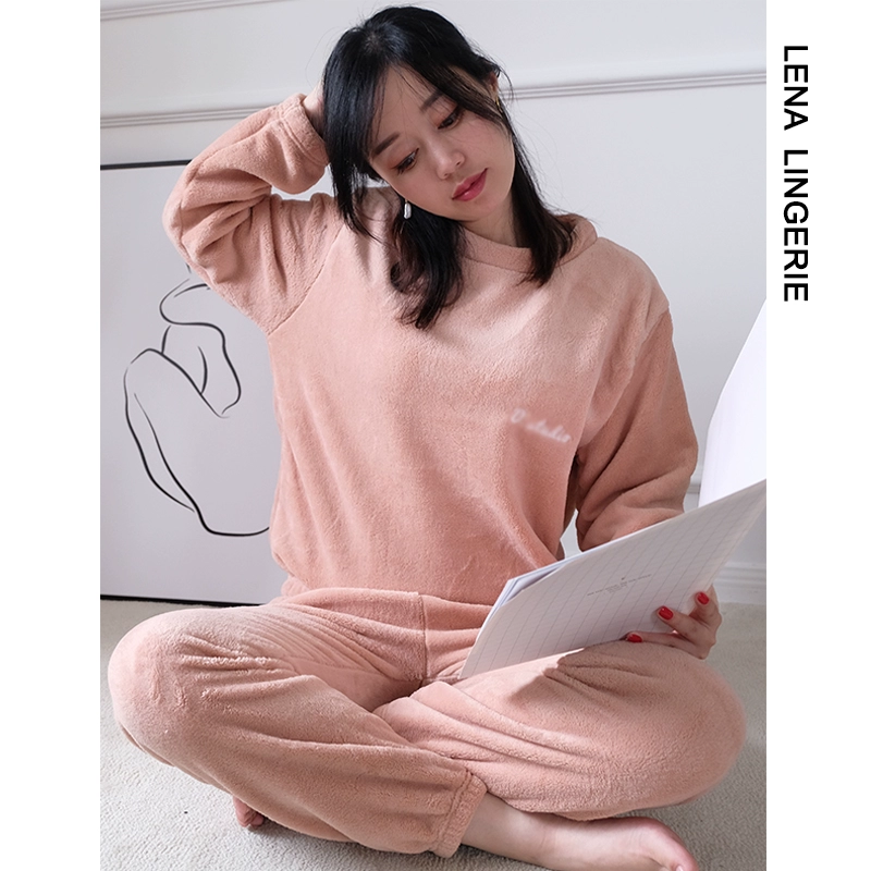 Bộ đồ ngủ nhung san hô của phụ nữ mùa đông dài tay ấm áp và nhung dễ thương flannel bộ đồ ngủ lười biếng bộ đồ phục vụ tại nhà - Cha mẹ và con