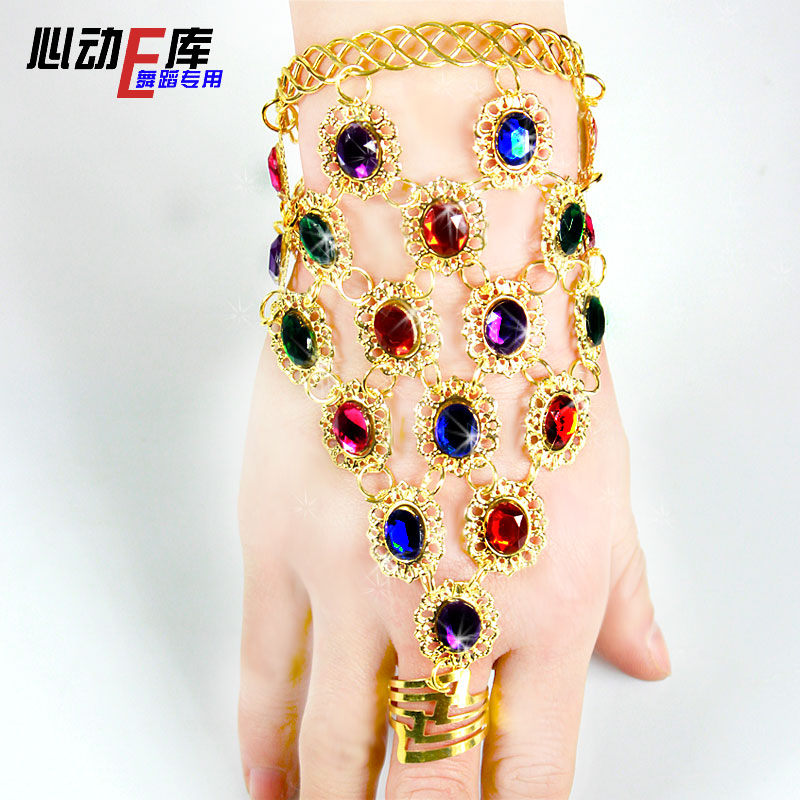 Yiwu factory price 5-color jewel bracelet ring integrated chain handmade ethnic Indian belly-leather dance accessories jewellery
