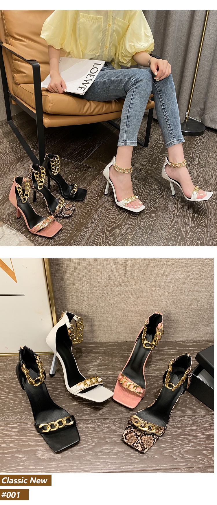 metal chain one-word belt stiletto sandals NSGXL117325