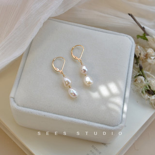 Two Baroque Natural Freshwater Irregular-Shaped Pearl Earrings, Vintage Style, Long Clip-On Style, 14K Gold