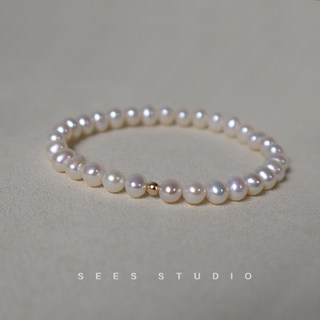 Sees Natural Freshwater High-Luster Real Pearl Bracelet for Women, Simple Retro 14K Gold Niche Design/Elastic Cord