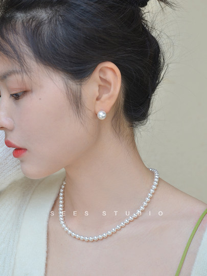 ins Blogger Fever's Same Style Shijia Bright Round Pearl 925 Sterling Silver Earrings for Women, Simple and Retro Style