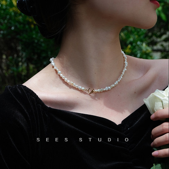 Young Fashion/Baroque Irregular Natural Freshwater Pearl Necklace Women's Clavicle Chain Temperament 14k Gold