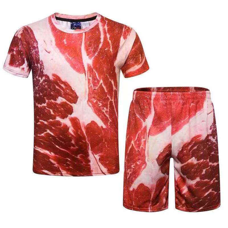 2025 Popular Pork Fresh Meat Beef 3D Printed Short-Sleeve Set Round Neck Top T-Shirt Loose Trendy Fashion