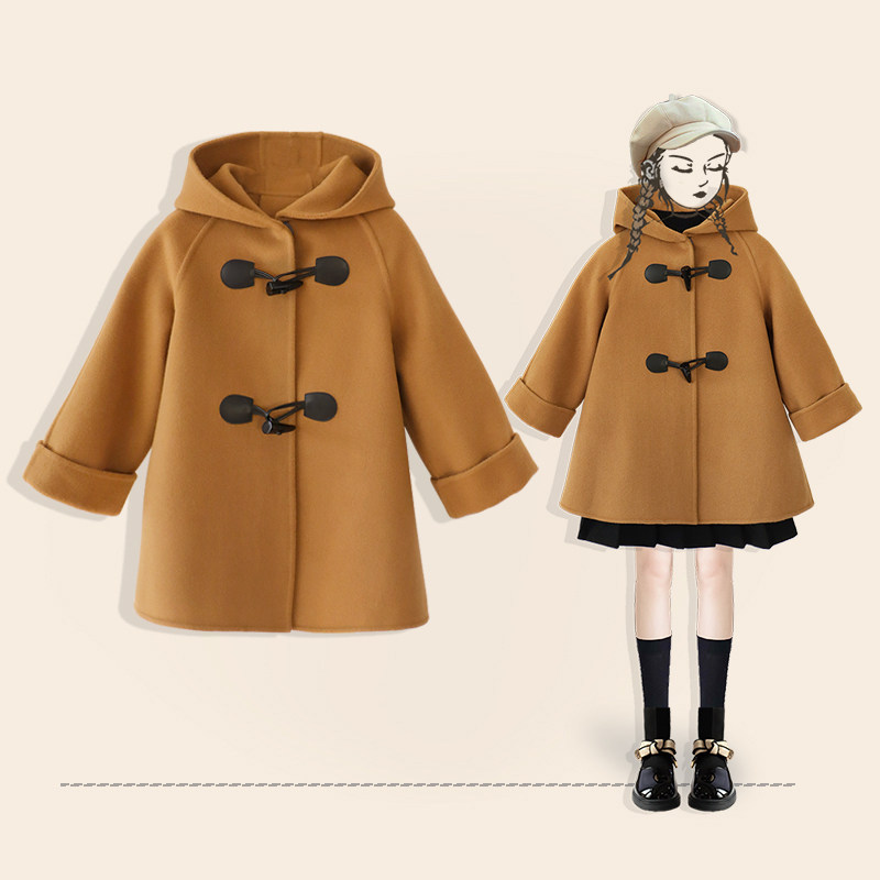Girl's fur pure colour coat 2021 autumn winter new horn buckle blouses with long version of the hat Inron foreign Grand coat