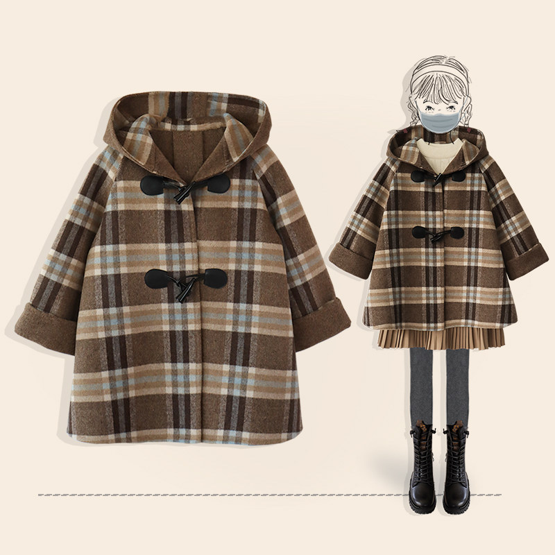 2021 Winter Scout children Double face, cashmere buffalo horn buckle large coat Inn plaid jacket girl wool Cape Hood