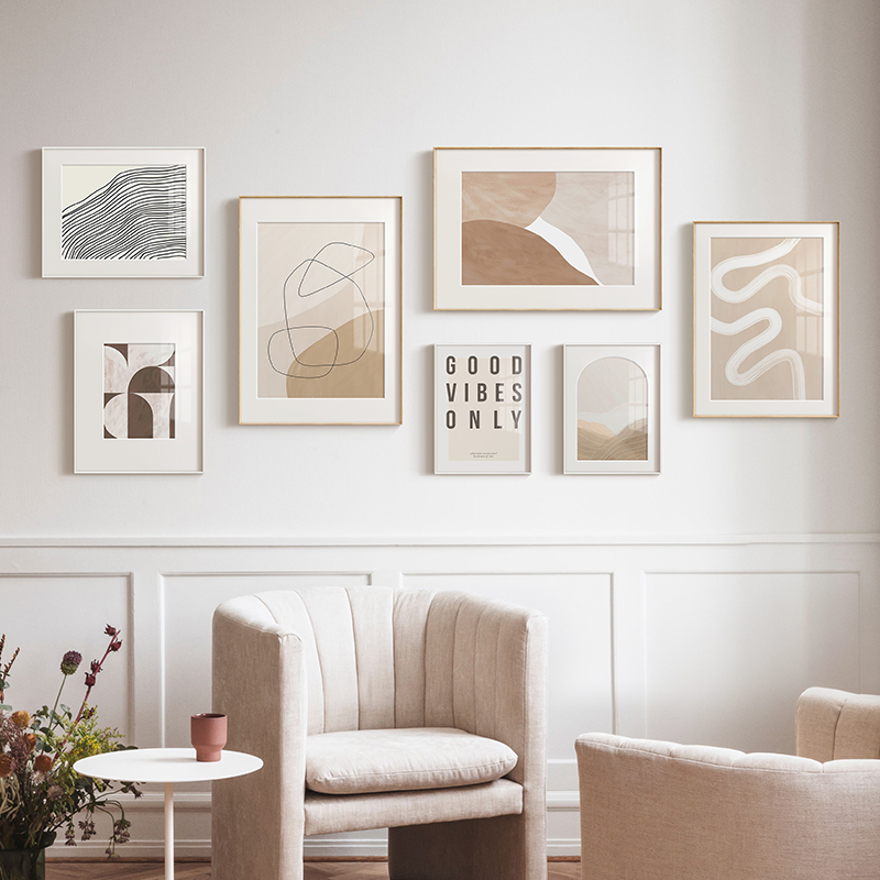 Morandi Warm Color Cream Series Abstract Line Living Room Background Decorative Painting Niche Art Combination Photo Wall Hanging Painting