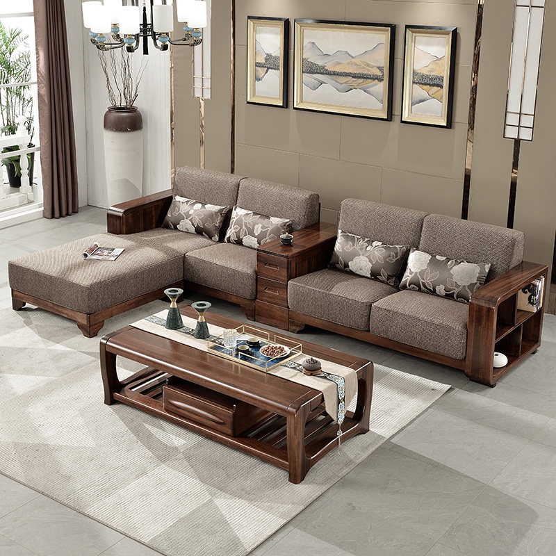 Solid Wood Sofa Set Black Walnut Modern Chinese Small House Living Room Solid Wood Fabric Concubine Corner Sofa