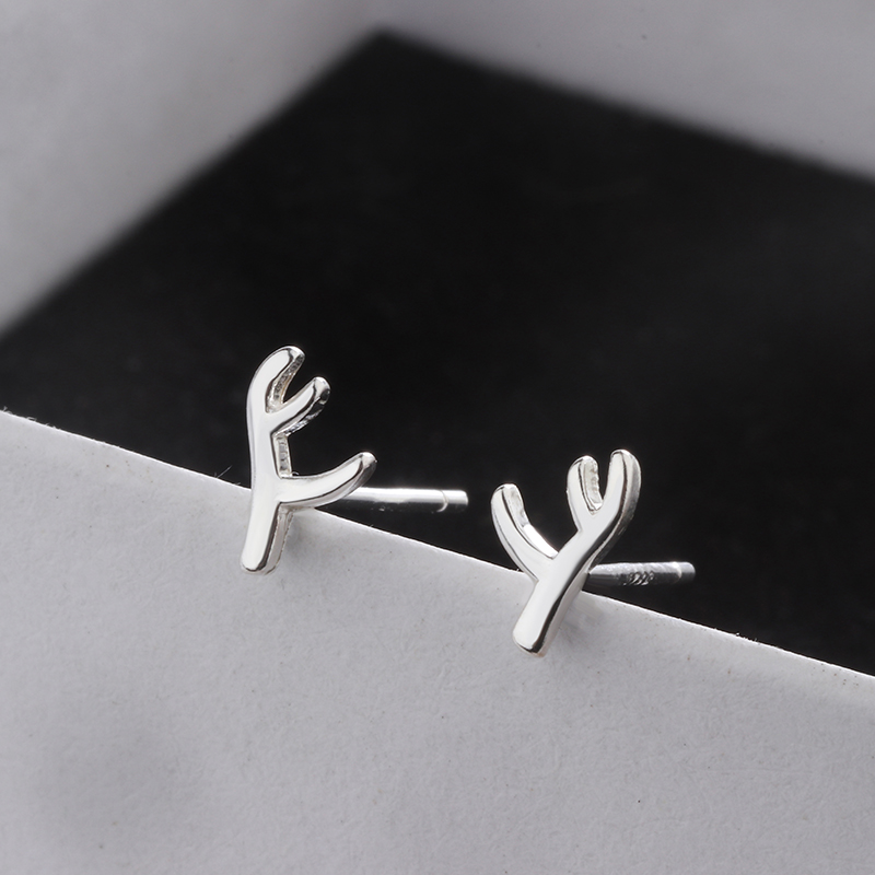 s925 sterling silver earrings elk horn ear pin female models Korean simple fresh literary student deer earrings simple silver