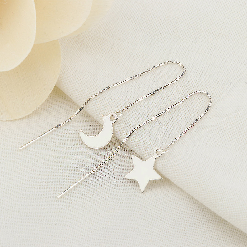 S925 Pure Silver Korea Temperament Brief Long Version Personality 100 Hitch Stars Moon Ear Neckline Pentagram Ear Pendant