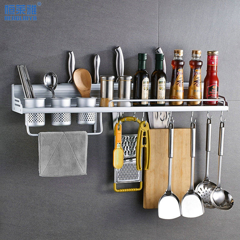 Space aluminum kitchen rack wall-mounted punch-free storage knife holder pendant kitchen supplies condiment seasoning jar shelf