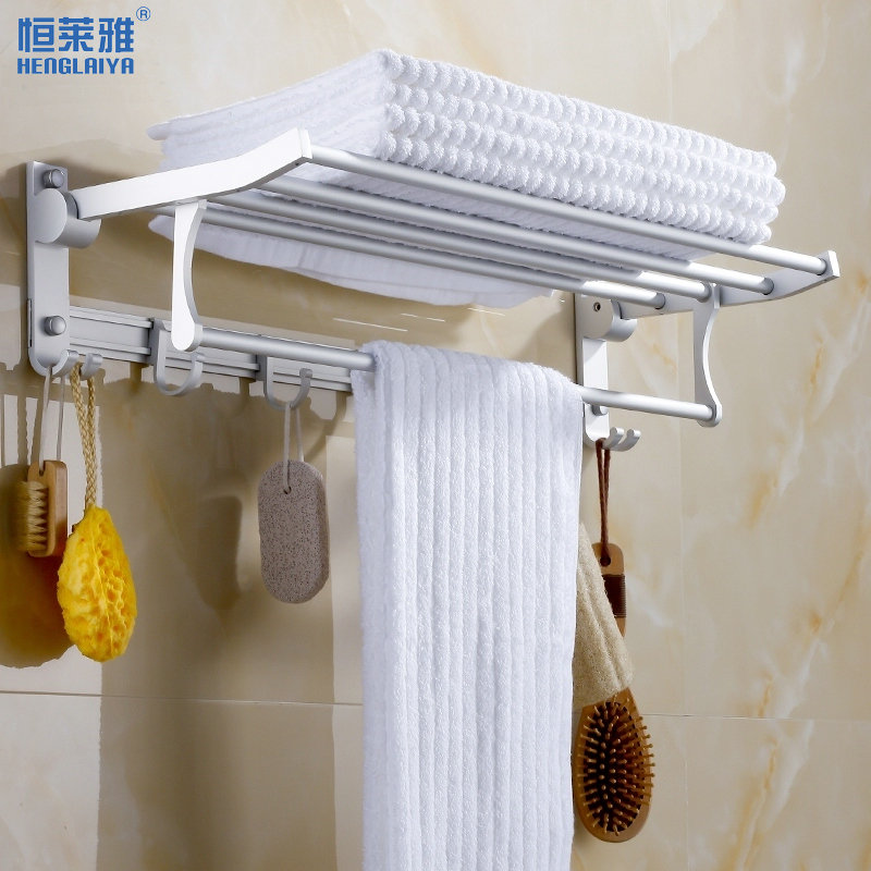 New Space Aluminum Bath Towel Rack Fold with hanging clothes hook Makeup Room Hair Towel Rack Pendant Bathroom Shelve Free to punch