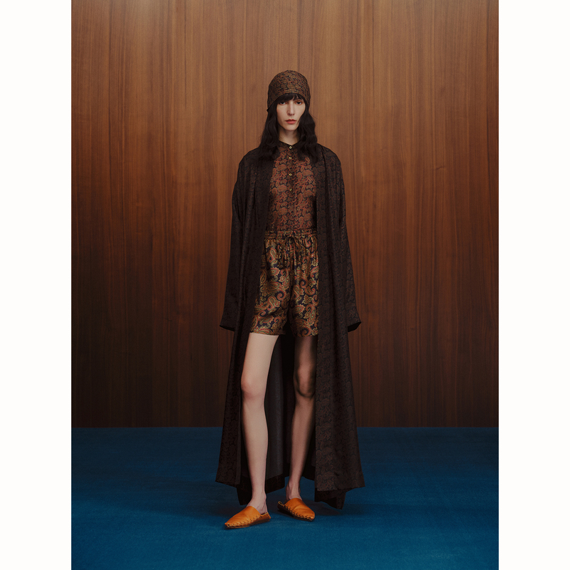 Into the East Dark Brown Paisley Pattern Silk Shorts Casual Pants Into the East Dark Brown Paisley Pattern Silk Shorts Casual Pants