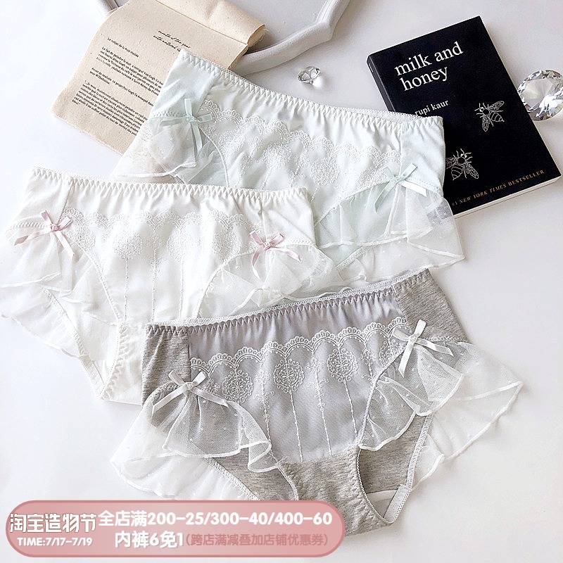 Japanese sweet cotton sexy lace satin embroidery Comfortable skin-friendly panties Girl low waist briefs