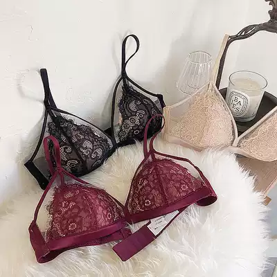 Light luxury French eyelash lace sexy non-steel ring triangle cup perspective underwear set non-bumping underwear fairy bra
