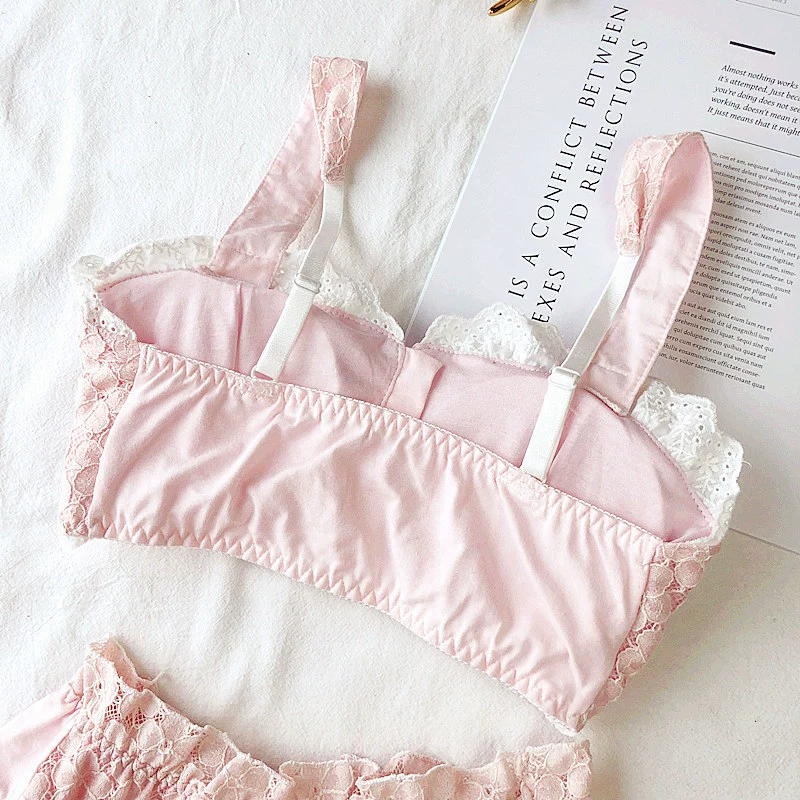 Chic nút phía trước khóa cotton ren ống top bra set retro không có vòng thép áo ngực trắng đồ lót riêng - Bộ đồ lót