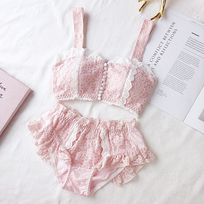 Chic nút phía trước khóa cotton ren ống top bra set retro không có vòng thép áo ngực trắng đồ lót riêng - Bộ đồ lót đồ tắm
