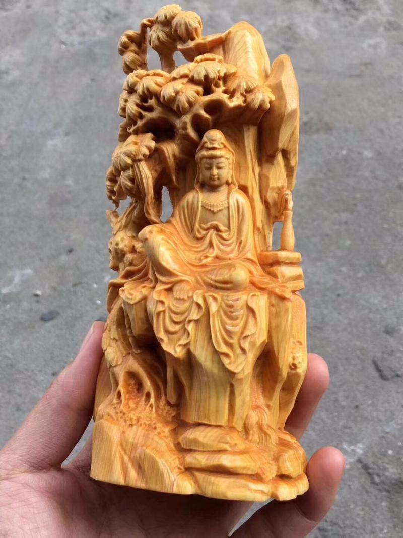 Cliff Berly Yellow Poplar Wood Sculpture Panasonic at Guanyin Little Mercy Buddha Statue of the Buddha Statue of the Residence Decoration of the Decorative Genguan Living Room TV Cabinet
