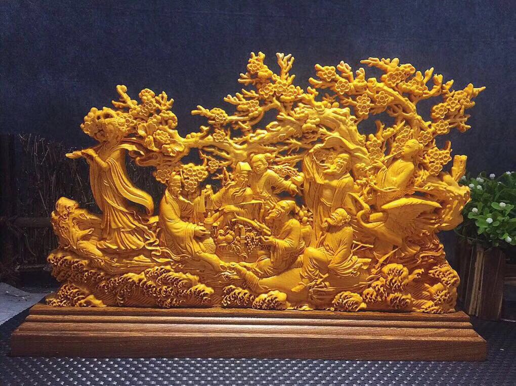 Cliff Berries Yellow Poplar Wood Engraving of Eight Immortals Cross Harbour Statue Statue Statue Figurines Creative Home Decoration Desktop Craft Gift Hem