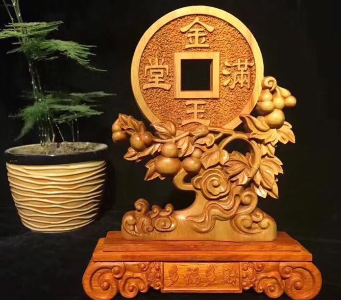 Cliff Berk Yellow Poplar Wood Sculpture Gold Jade Full Hall Gourd Chinese Swing Piece Home Living Room Wine Cabinet Decorate Jo Relocation Craft Gift