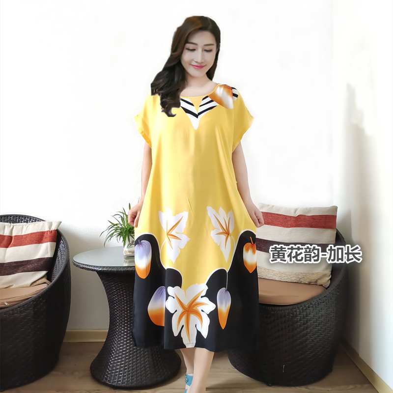 Golden & Yellow Flower Rhyme - LengtheningIncrease fertilizer Nightdress female summer Short sleeve middle age mom Pure cotton silk pregnant woman Fat mm pajamas Can be worn out leisure wear thin