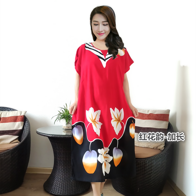 Lotus Color & Red Flower Rhyme - LengtheningIncrease fertilizer Nightdress female summer Short sleeve middle age mom Pure cotton silk pregnant woman Fat mm pajamas Can be worn out leisure wear thin