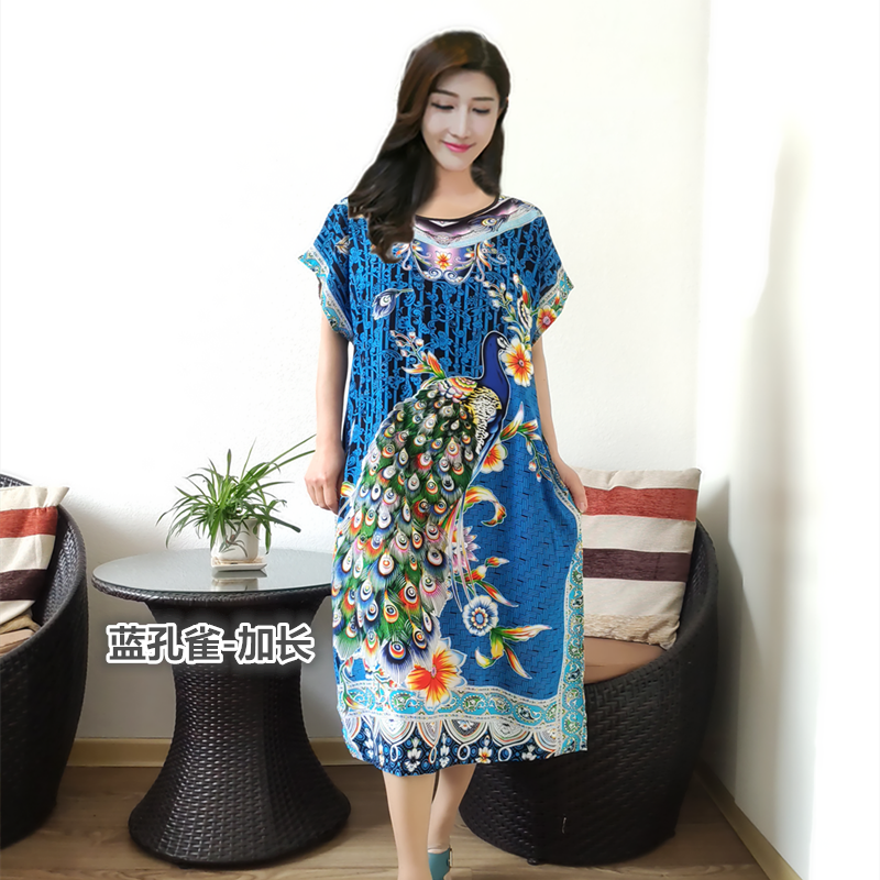 Peacock Blue & Blue Peacock - LongerIncrease fertilizer Nightdress female summer Short sleeve middle age mom Pure cotton silk pregnant woman Fat mm pajamas Can be worn out leisure wear thin