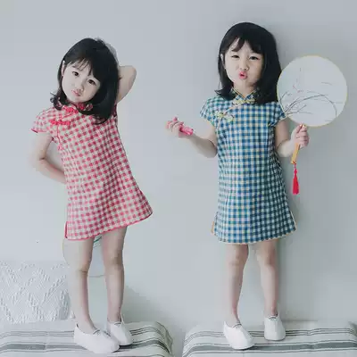 Girls' cheongsam summer baby baby Chinese style plaid dress cotton thin parent-child cheongsam skirt