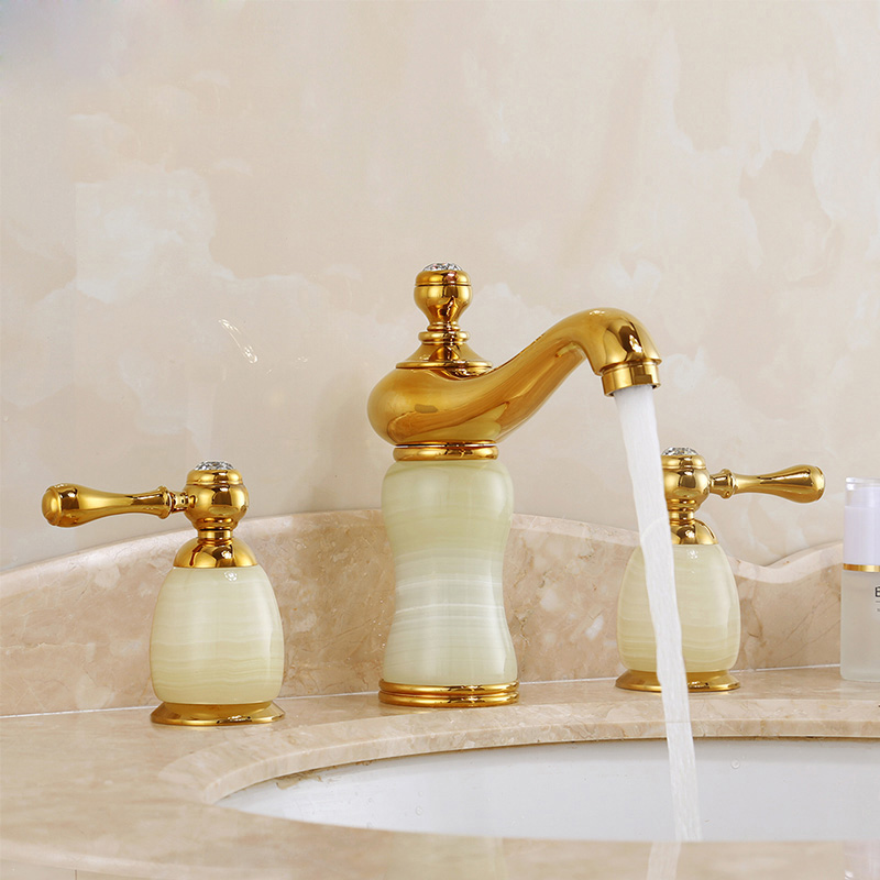 All copper European-style jade basin cold and hot water faucet bathroom cabinet split type three-hole double-handle gold washbasin faucet