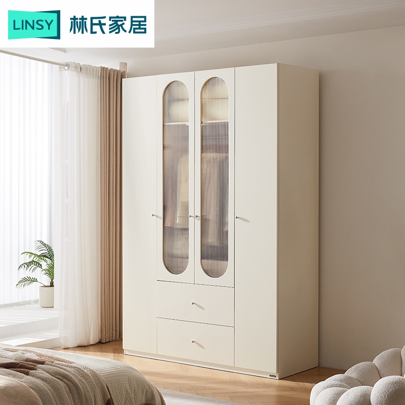 Lin's Home Cream Wind Bedroom Home Wardrobe 2023 New Glass Door Large Wardrobe Lin's Wood Industry PM1D-Taobao