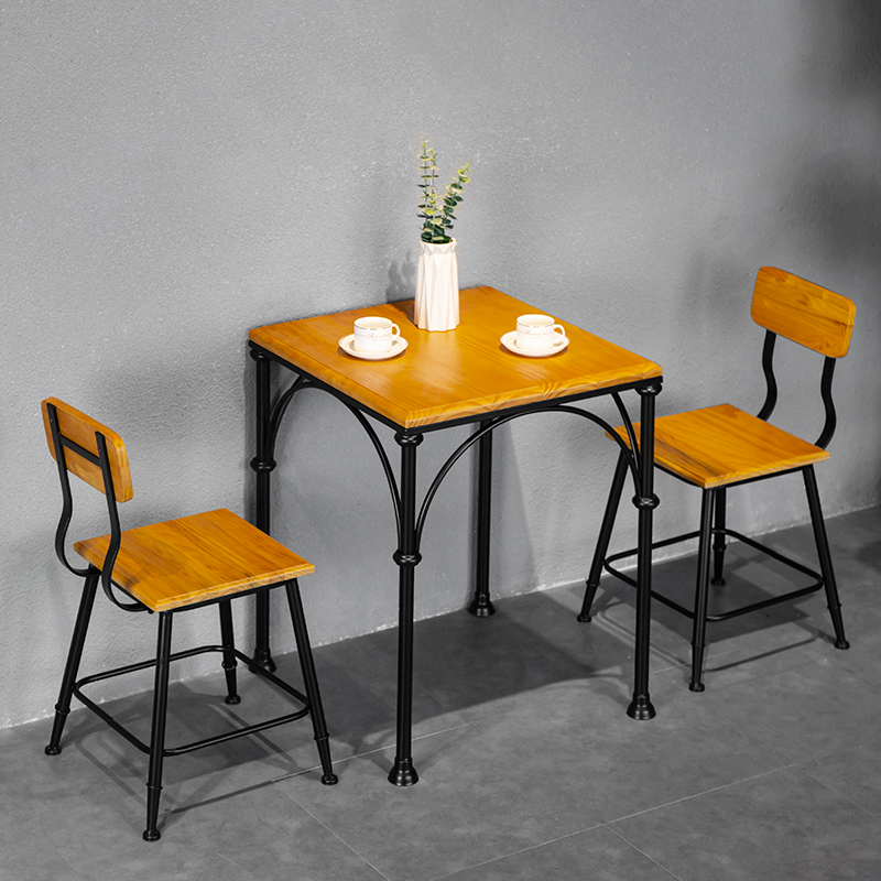 Wrought iron industrial style small square table Simple solid wood dining table Creative economy household hotel noodle restaurant canteen chair combination