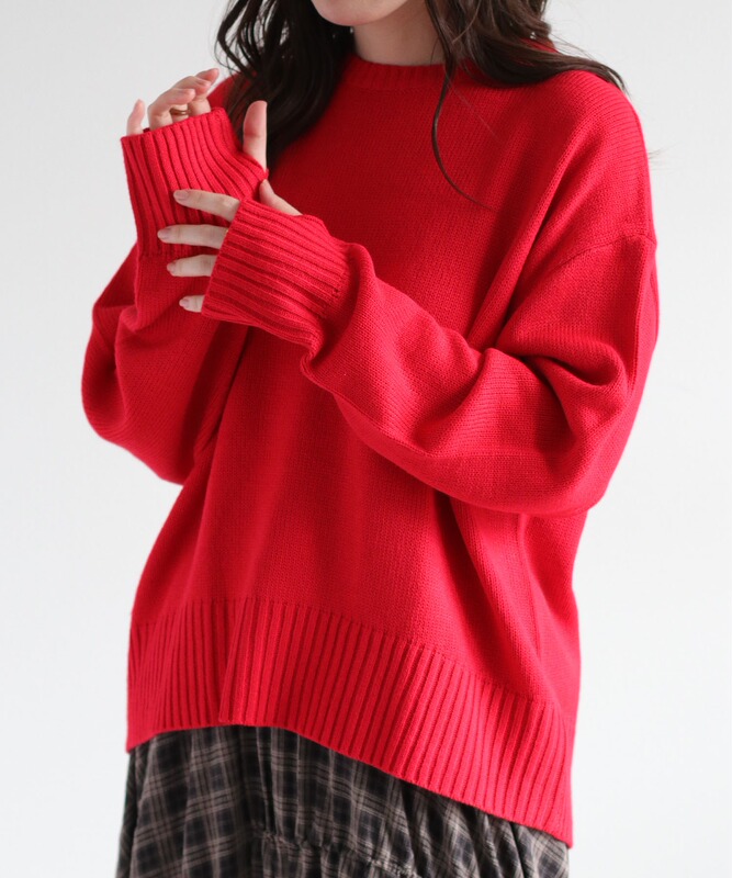 Japanese Style Original Women's Round Neck Sweater, Loose Fit with Back Slit, Company Coffee Color, Off-White Plain
