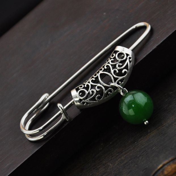 Vintage Miao bạc rỗng thẻ xanh chalcedony trâm cài pin áo len văn học cổ điển trang sức cổ điển phụ kiện áo vest