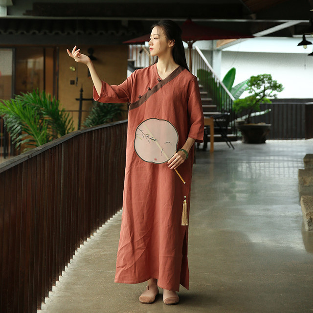 Retro v-neck plate button Zen tea dress Chinese style loose cotton and linen dress summer original gentle long dress summer