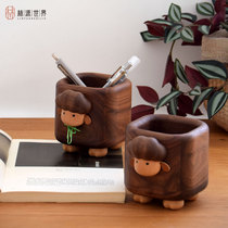 Creative lamb roll solid wood desktop pen holder makeup brush eyebrow pencil storage tube remote control storage box