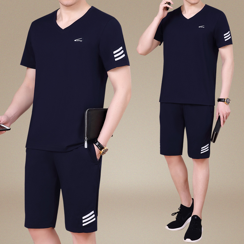Summer 361 sportswear suit male new middle - aged relaxed casual short sleeve shorts large dad clothes pure cotton