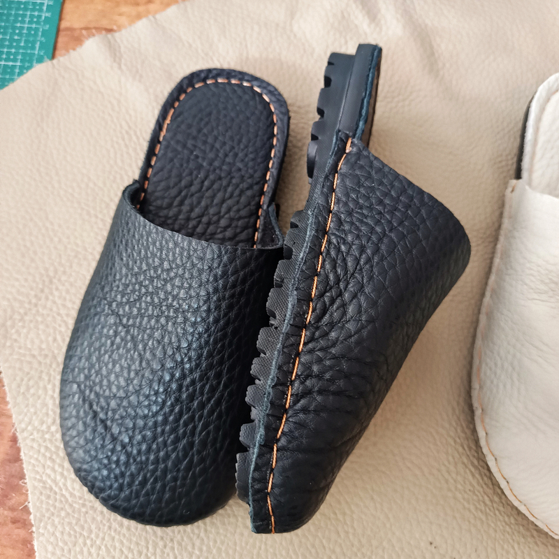 Bison Leather Toe-Cap Slippers, Suitable for Both Outdoor and Indoor Use, Washable, Soft Genuine Leather Slippers, Hand-Stitched, Flat-Soled and Comfortable