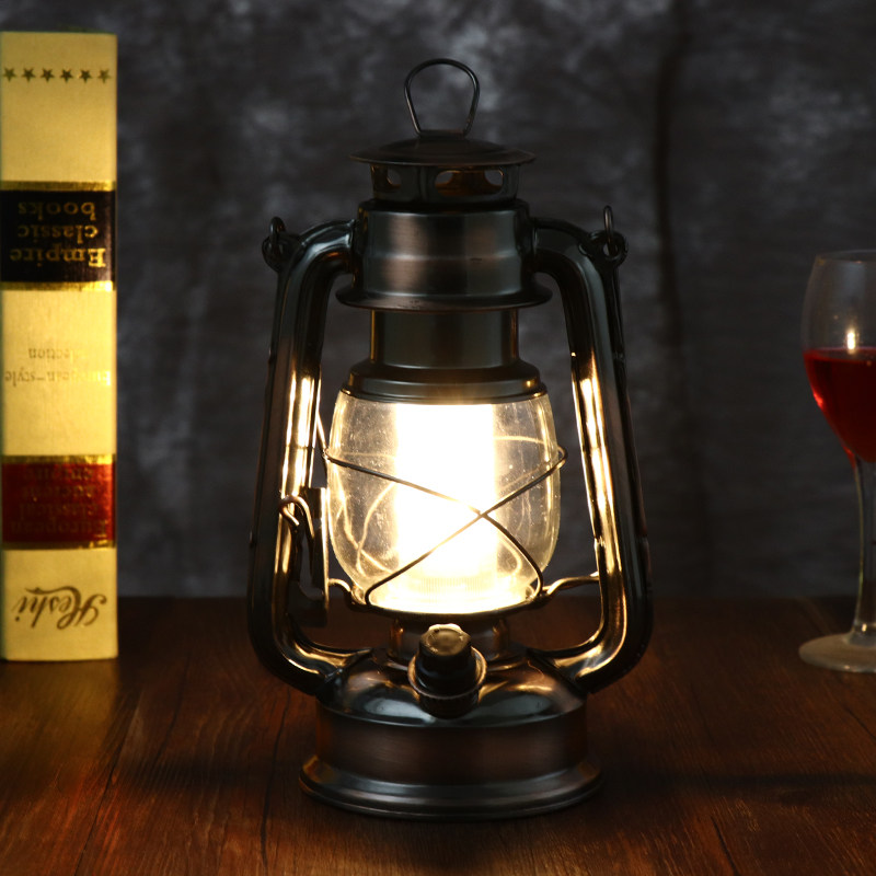 Portable retro kerosene lamp LED battery household kerosene lamp wrought iron ornaments lighting camping lamp camping tent lamp