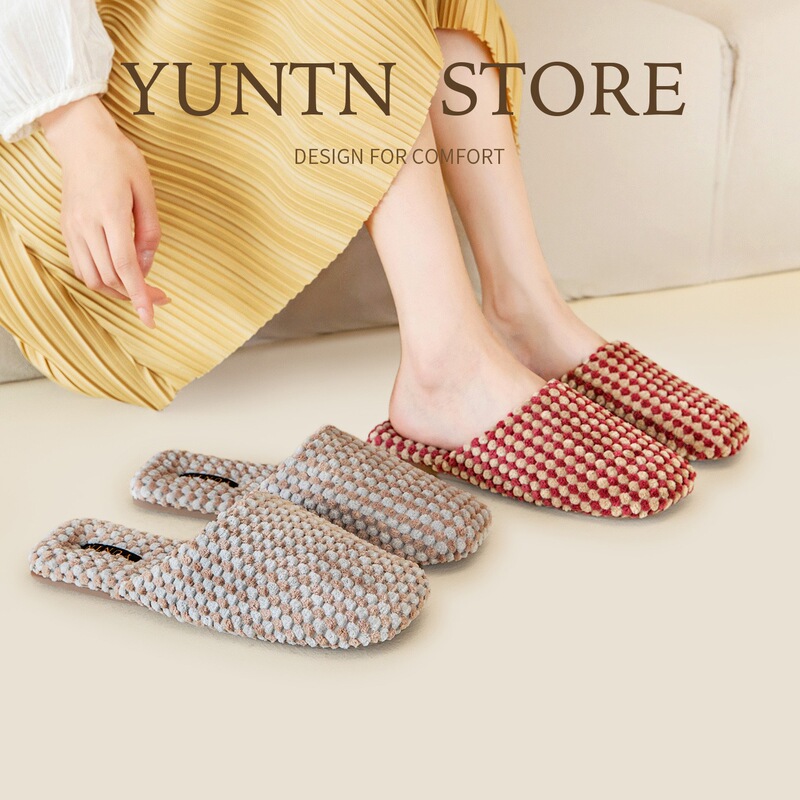 Two-Color Pineapple Velvet Spring and Autumn Simple Cotton Slippers, Warm, Non-Slip, Wear-Resistant Home Slippers, Men's and Women's Floor Slippers