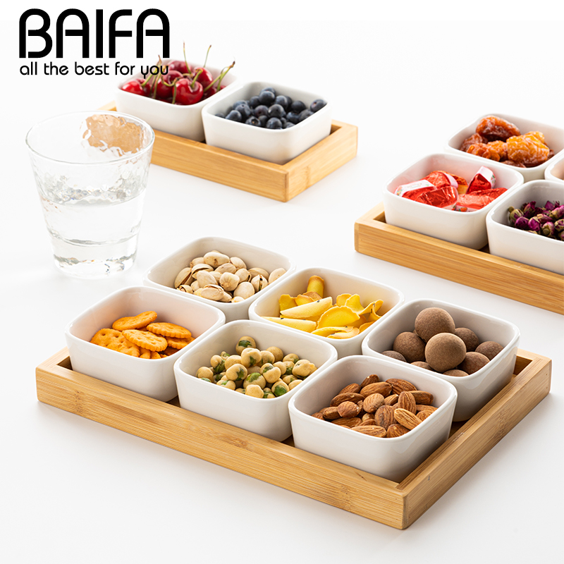 Creative modern living room coffee table Household dried fruit snack storage box Creative ceramic bamboo and wood fruit plate platter grid plate