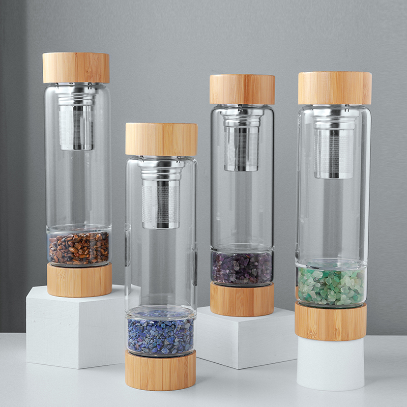 Natural Crystal Gravel Layered Cup with Bamboo Lid, Removable Filter, Glass Tea Infuser Water Bottle, Tea Brewing Cup, Souvenir